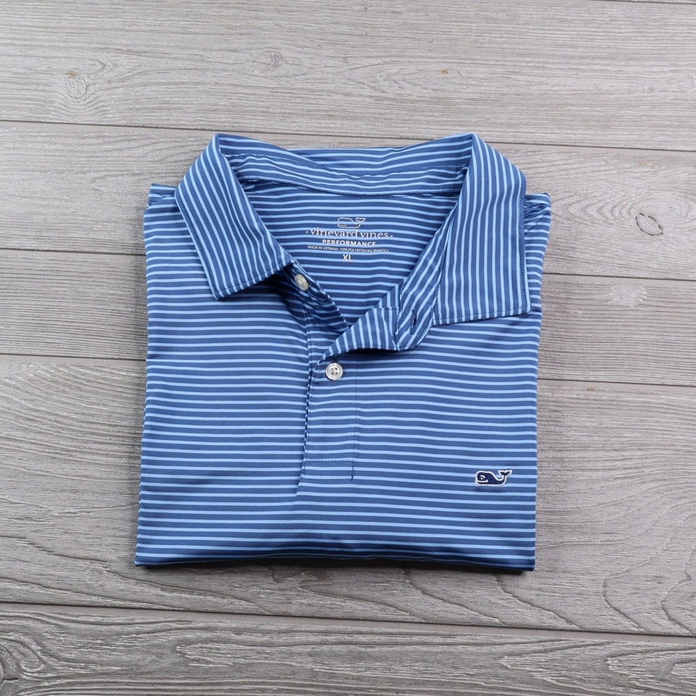 Vineyard Vines Performance Polo Men's XL Blue Stripe Whale Logo Stretch